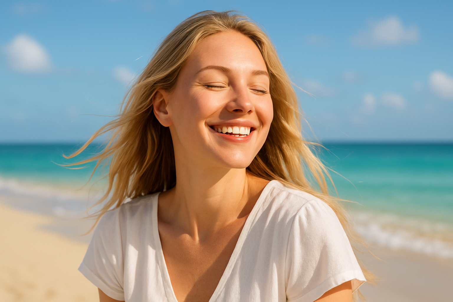 Woman on beach looking refreshed